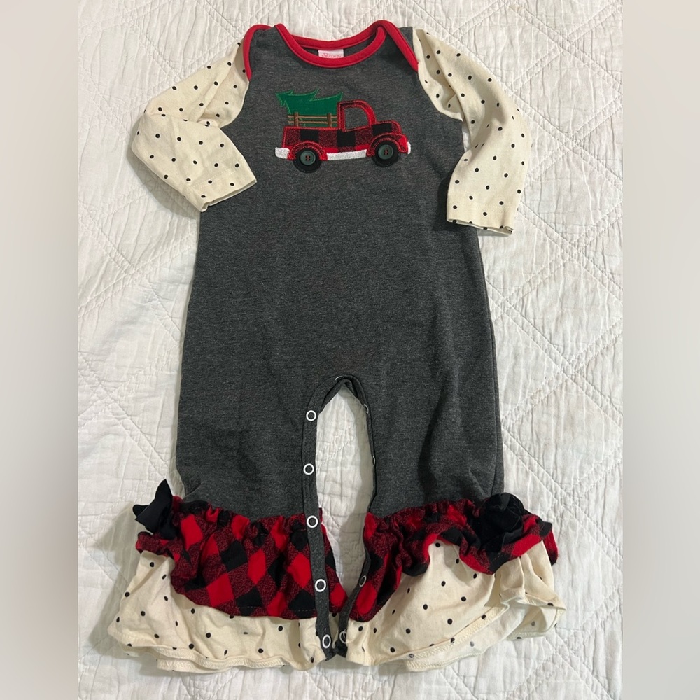 Ric Rac Ruffles Holiday long romper with truck